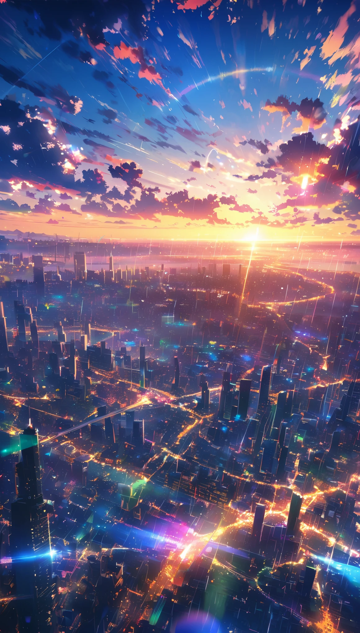 sunrise, bright, after rain, horizon, in the sky, city , lens flare, colorful, High resolution, 8K