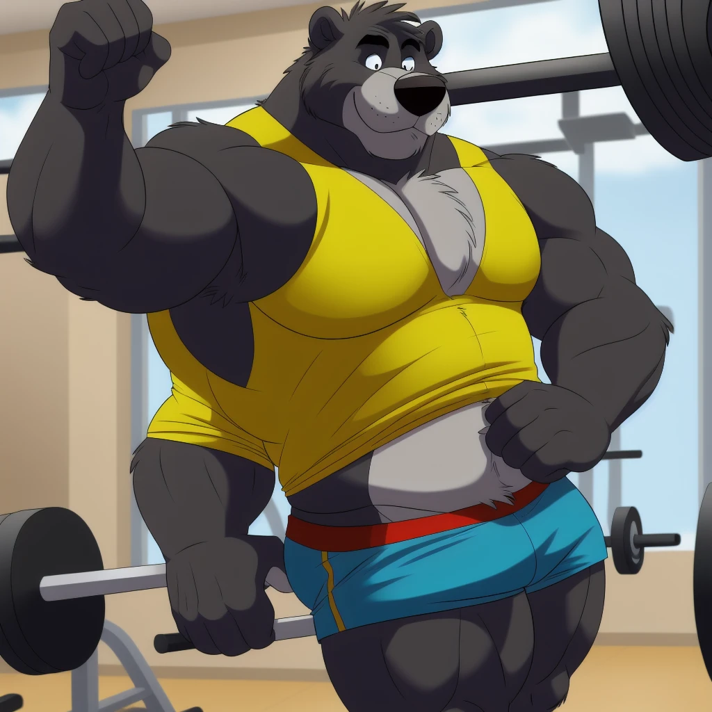 ((masterpiece, best quality)),solo, 1boy, solo, baloo, huge muscular, green shorts, posing, cowboy shot, black eyes, furry, bear, no humans, gym,  working out, gym set