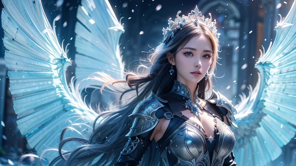 masterpiece, rest, best quality, Very detailed, Super real, 16K, high resolution, castle，snow, ((Starry Sky)),Female Mage，Gorgeous robe，Complex Mode，Pretty Face，Closed mouth，dramatic，Upper Body，Glowing scepter，Glowing Wings，Large Breasts