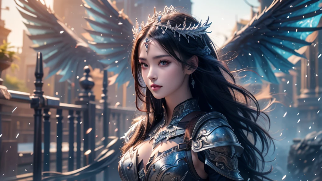 Close-up of woman holding sword and armor, Armor Girl, 2. 5D CGI anime fantasy artwork, Large Breasts,Epic fantasy digital art style, detailed Digital 2D fantasy art, Digital 2D fantasy art, original photo, (best quality:1.3), high resolution, (masterpiece), (lifelike:1.4), Professional photography, Be focused, High Dynamic Range, 8K resolution, Intricate details, Fine details, Depth of Field, Extremely detailed CG unified 8k wallpaper, masterpiece,poster,best quality,Official Art,(Beauty and aesthetics:1.2),(masterpiece:1.3),miss,Personal,Light Leather Armor,Complex Mode,winter,Snow Mountain,Medium distance photography,(midnight),dramatic,Glowing Wings,