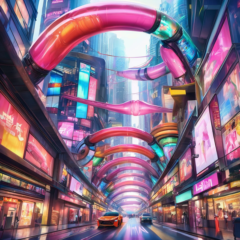 A great futuristic metropolitan made of glass and steel where tall buildings are shaped liked dildos and vehicles are individual sperm with wheels and windows moving down the streets. Tunnels look like vaginas. Hyper realistic, vibrant colors, 16k