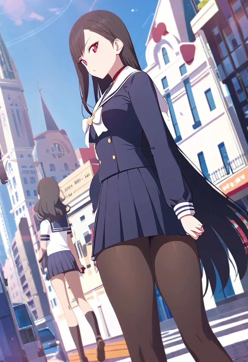 (One tall woman,Black Hair,Long hair,Red Eyes,Dynamic Angle,Slightly larger breasts,Slightly wider thighs)Woman walking on the city street,Sailor suit,Short skirt,Black tights,Face to the viewer