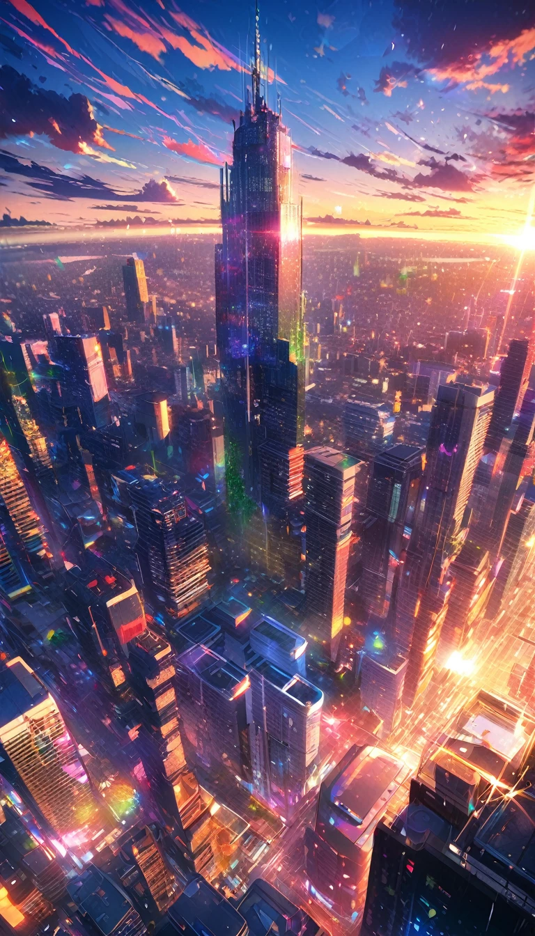 sunrise, bright, after rain, horizon, in the sky, city, skyscraper , lens flare, colorful, High resolution, 8K