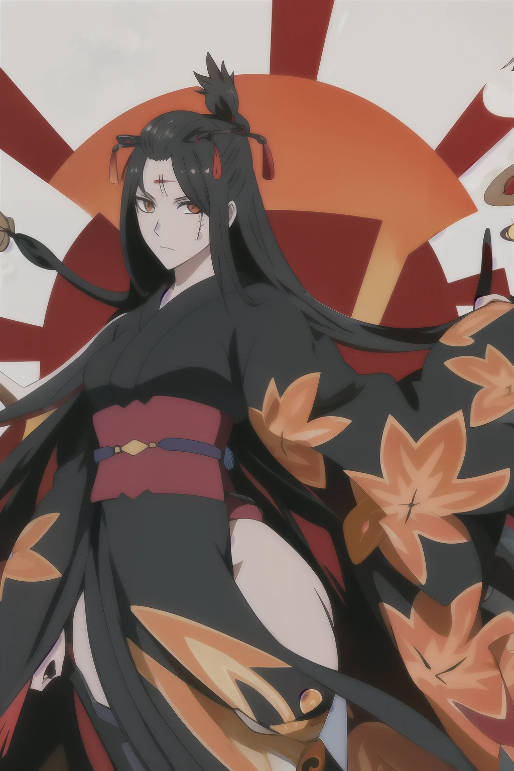 Long black hair with bangs、Black and red kimono with sun and cloud pattern, Yellow eyes, Making the horns sign、The background behind is white with a snake pattern
