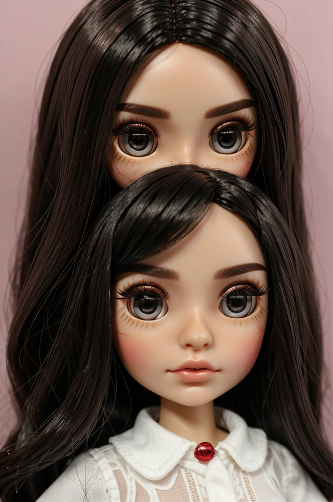 Blythe Doll medium light brunette skin pretty eyelashes black hair with red highlights and clear lenses