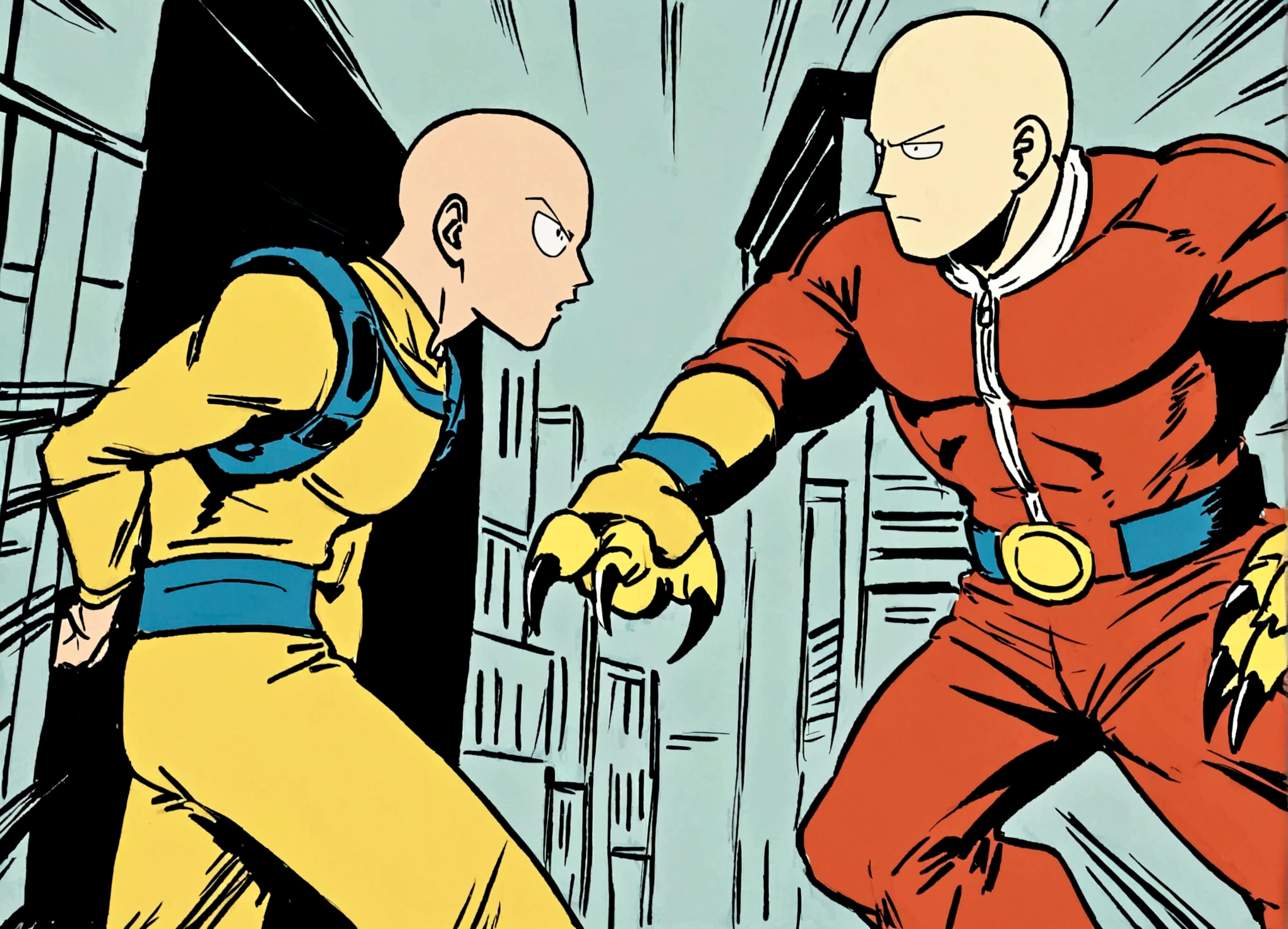 Marvel's Wolverine (90s comic style) is enraged, claws out ready to fight, One punch man Saitama is not impressed. set in new york city. standoff