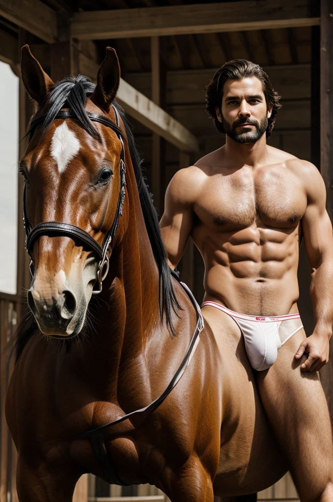 Create a man with a horse head, in thong