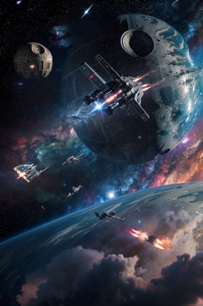 a space battle raging around a warship starship shaped like a giant sphere with giant engines and weapons with a nebula in the background, masterpiece, best, photo realistic moon, Death Star, Unicron, battle moon