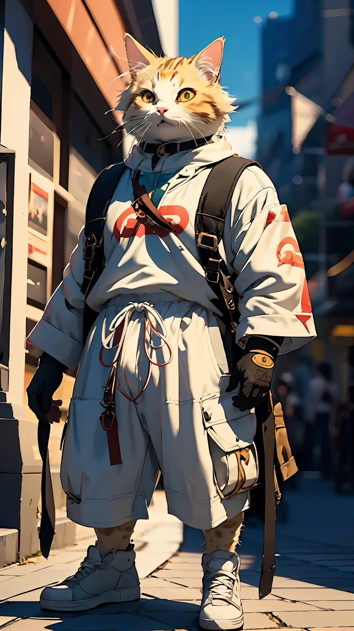 character sheet of anime , (beautiful scenery), whole body, entire body, full body, total body, upright stance, erect posture, (shoes), (Detail of fingers of both hands), There are statues, gentleman,athlete, detailed paintings in 4k, gorgeous anime with intricate CGI style, 4k high definition graphics, Refine and enhance the following anime-style character design:
- Fangs: Sharp, prominent fangs
- Body: Muscular and large build, with detailed muscle definition
- Clothing: Wearing a detailed cat-skin loincloth with realistic texture
- Expression: glowing eyes
- Background: no-Background.