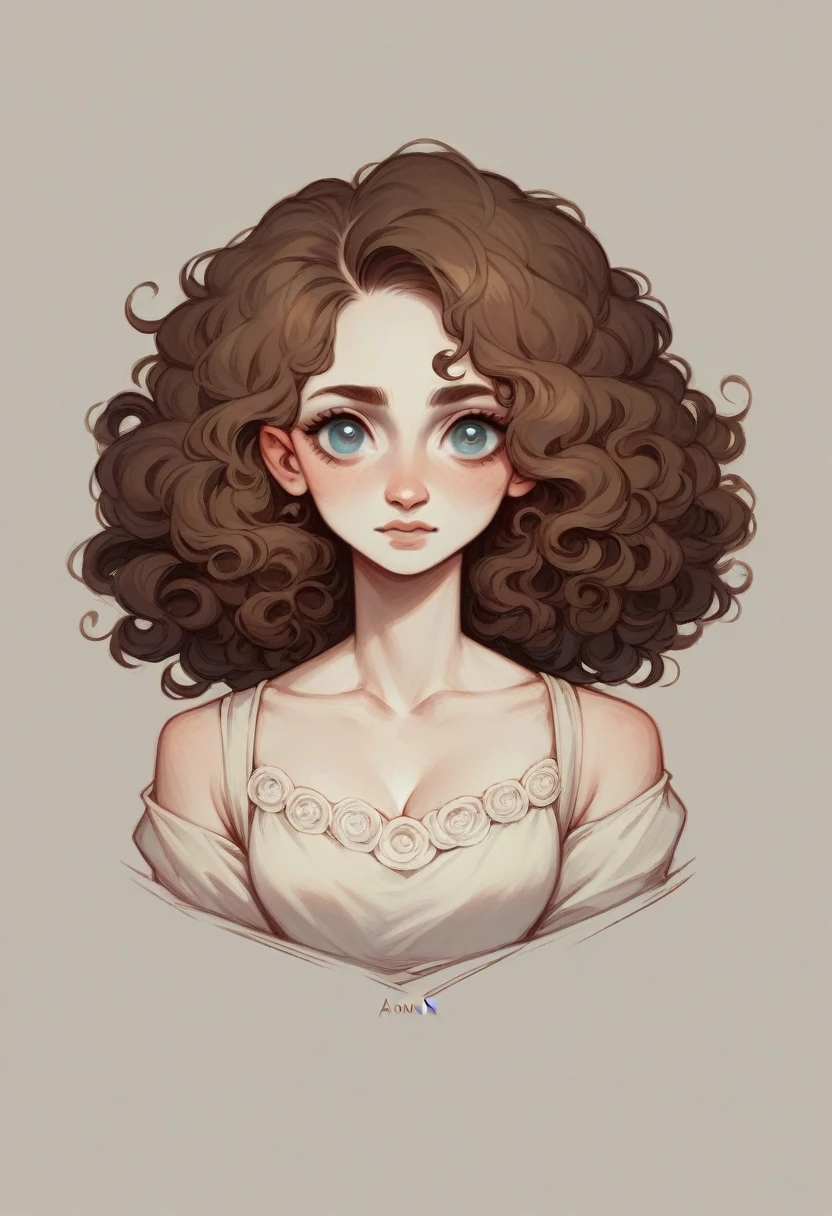 A female character with white skin color, almond eyes and brown curly hair