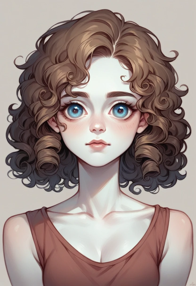 A female character with white skin color, almond eyes and brown curly hair
