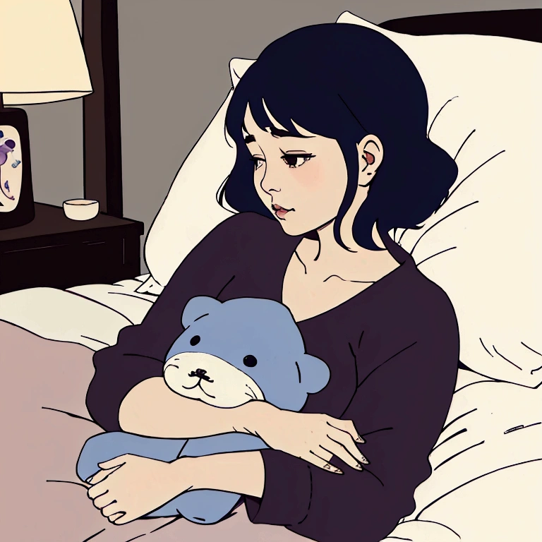 A woman is lying in bed with a pillow and a stuffed toy, profile image, 30-year-old woman, 30-year-old woman, Filmed in the early 2020s, Chubby, Photos taken in 2020, umamusume, 4 5 those, Nishimiya Shoko, tsutomo nihie, kiyoko suzuki