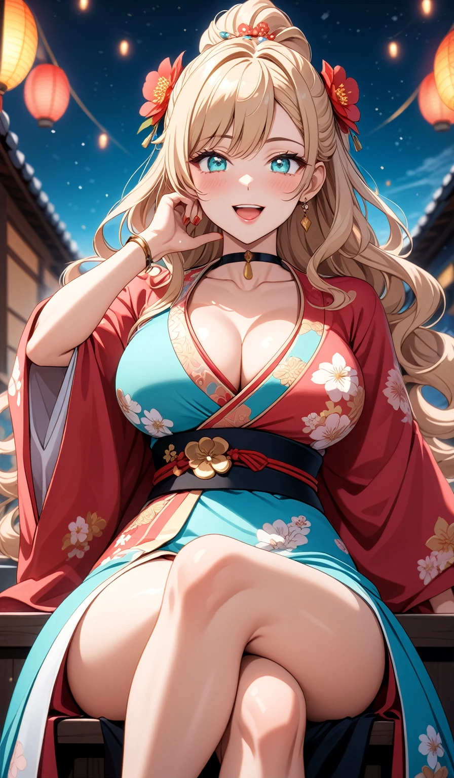 ((One personの女性)), Beautiful Face,(Laughing embarrassedly), (naughty face:1.2), (Wink:1.9), Laughing with your mouth open, upper teeth, ((Bright red cheeks:1.4)),Glossy pink lips, ((crossed legs:1.4)), (panty shot), looking down at viewer,Touching hair with hands,looking at viewer,Shining Face, rooftop, Festival decorations, firework, ((Anime style background)),masterpiece, Highest quality, so beautiful,up to date, Complex details, (Pink long nails),(ring),(bracelet),(choker),AI-generated, Complex,High resolution, Highest quality, super high quality,3D Images、3D Images,One person,Long blonde hair,ponytail, wavy hair ,Anime woman posing for a photo, ((Fine grain、Turquoise Eyes、Shining Eyes:1.3)), (Squint your eyes:1.1),a hyperRealistic , hyperRealistic , Realistic,Anime woman with long white hair, Smooth anime CG art, A woman in a colorful kimono with gold embroidery, (Pink long sleeve kimono),Red floral pattern,Long flower hair ornament,Earrings,Mature Body,(Big Breasts:1.1),Tall,Abdominal muscles,Tight waist,(Zoom up to face:1.1), (from a low angle),