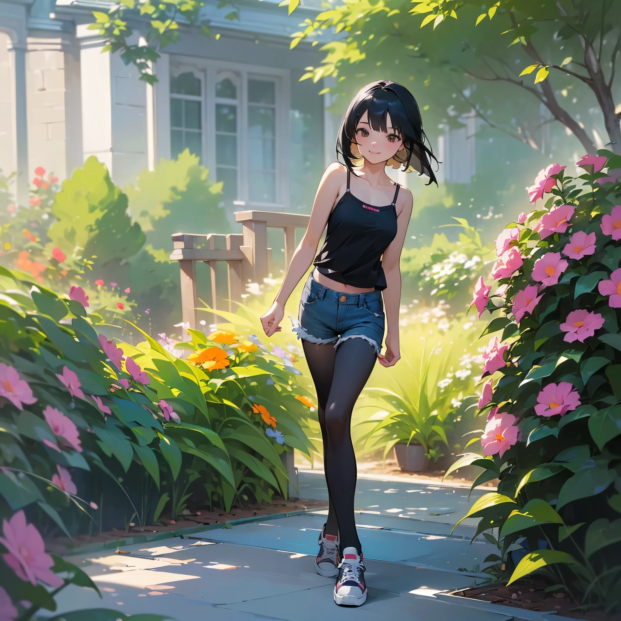 (high quality, High resolution, Very detailed, reality:1.37), Peaceful atmosphere, (Outdoor, garden), Teenage girl standing alone, (my breasts are big.), Beautiful details, Cute Smile, (Black bob hair), camisole, Denim shorts, Black tights, sneakers.