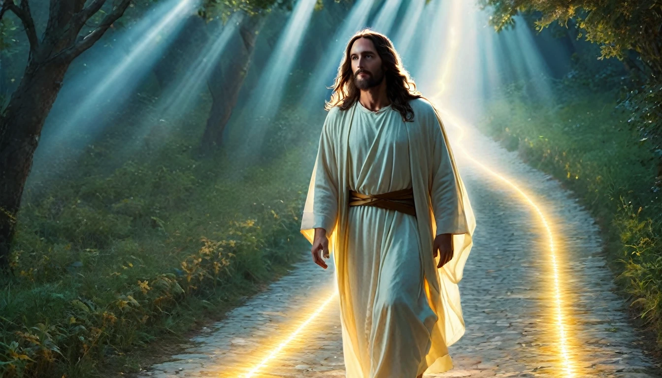 Man with long hair, Jesus Christ walking on an illuminated path.