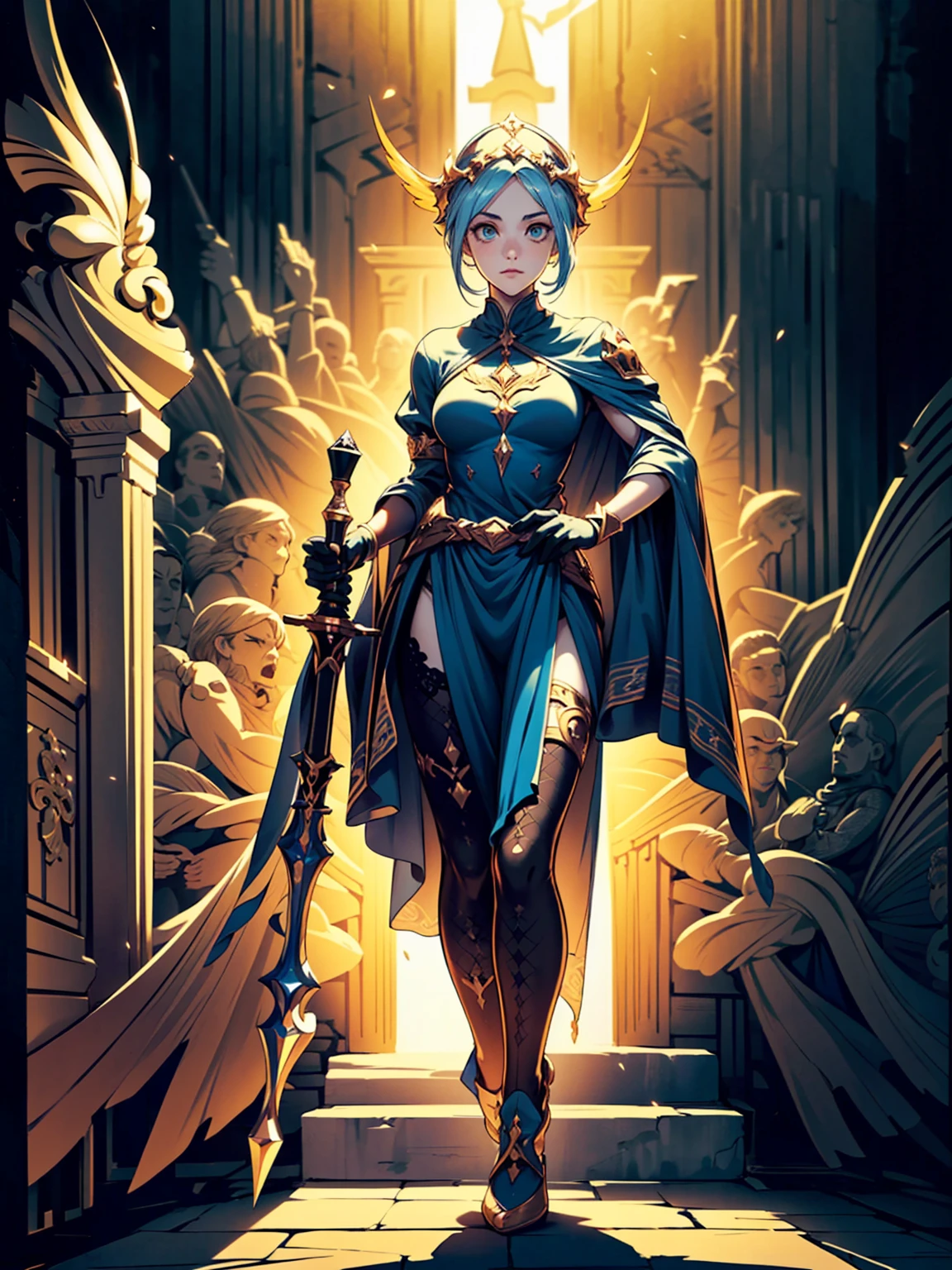 (((masterpiece, best quality, high detailed, 8k))) Design a layout showcase Gaming character, (1girl). White|Gold clothes, stylish and unique. ((showcase weapon:1.4)), holy scepter. (masterpiece:1.2), (best quality), 4k, ultra-detailed. (Step by step design, layout art:1.5), (luminous lighting, atmospheric lighting). priestess, ((glove full hands)), (((revealing clothes:1.3))), vambraces, armored legwear, (((full_body_shot:1.4))). {In a sacred temple}.