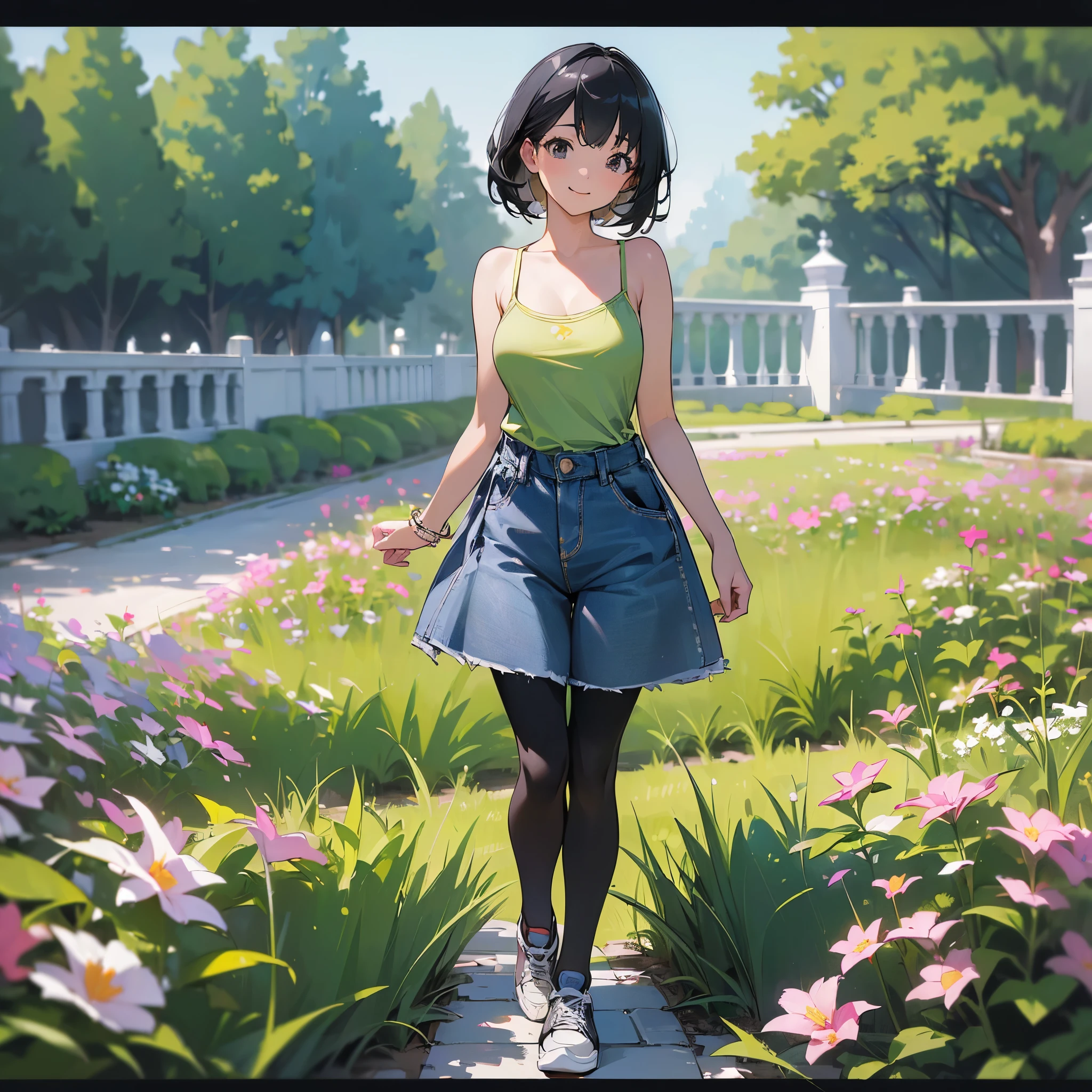 (high quality, High resolution, Very detailed, reality:1.37), Peaceful atmosphere, (Outdoor, garden), Teenage girl standing alone, (my breasts are big.), Beautiful details, Cute Smile, (Black bob hair), camisole, Denim shorts, Black tights, sneakers.