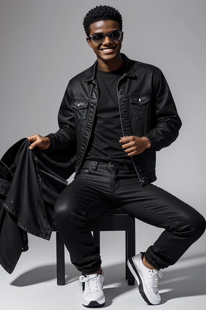 Funko pop figure of an 18 year old man, smiling, Ilamado Emmanuel, dressed in a black jean jacket with a black t-shirt underneath, some black pants, black nike tennis shoes, black glasses with clear lenses, semi-long black hair combed back. The Funko pop is presented inside and outside of a limited edition emerald green and black Funko pop box with EMMANUEL text allowing visibility of the figure, typography, render3d. White background.