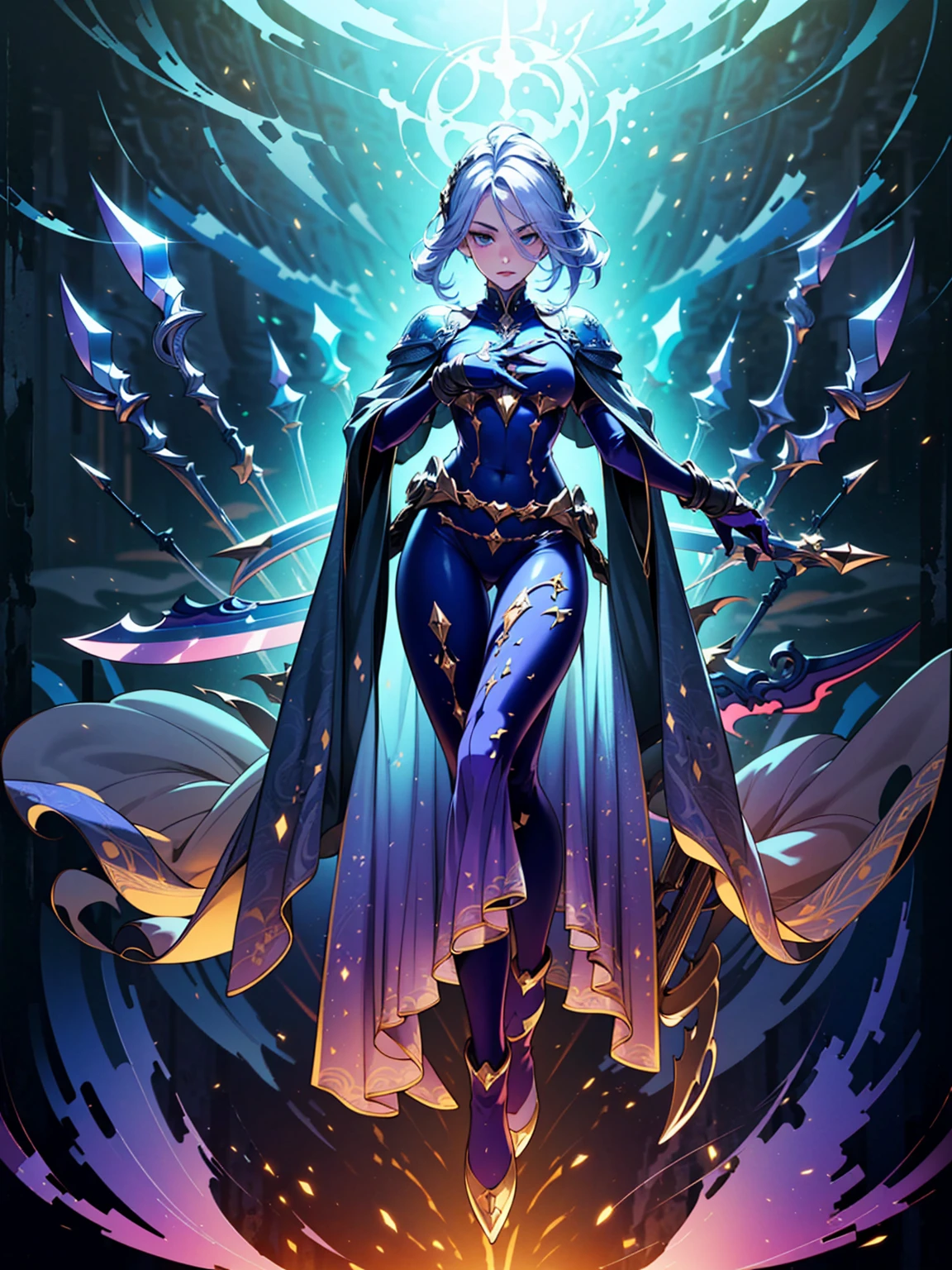 (((masterpiece, best quality, high detailed, 8k))) Design a layout showcase Gaming character, (1girl). Purple|Silver clothes, stylish and unique. ((showcase weapon:1.4)), magical orb. (masterpiece:1.2), (best quality), 4k, ultra-detailed. (Step by step design, layout art:1.5), (luminous lighting, atmospheric lighting). sorceress, ((glove full hands)), (((revealing clothes:1.3))), vambraces, armored legwear, (((full_body_shot:1.4))). {In an enchanted castle}.