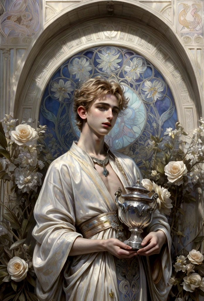 A highly defined super detailed watercolor painting, an blond angel with short hair (timothée chalamet), soft gaze, flower, detailed cover art, with wings, Halo of Holiness, observing, In the style of Alphonse Maria Mucha and Gustave Kilmut, Art Nouveau Accents, Alphonse Mucha, Gustavo Klimt , pale bluish skin, a marble sculpture, CGSesociedade, Gothic art, Art Nouveau, Behance contest winner