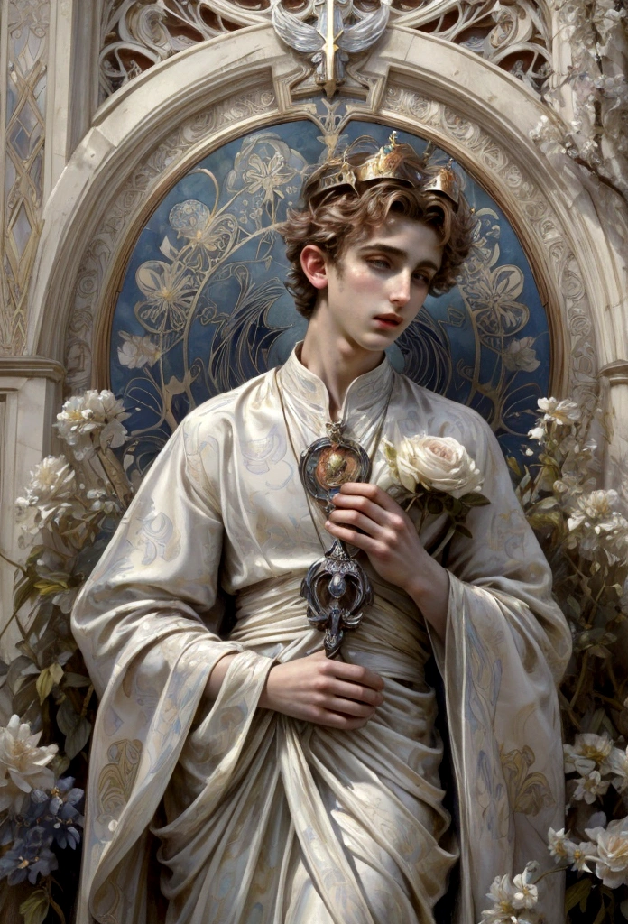 A highly defined super detailed watercolor painting, an blond angel with short hair (timothée chalamet), soft gaze, flower, detailed cover art, with wings, Halo of Holiness, observing, In the style of Alphonse Maria Mucha and Gustave Kilmut, Art Nouveau Accents, Alphonse Mucha, Gustavo Klimt , pale bluish skin, a marble sculpture, CGSesociedade, Gothic art, Art Nouveau, Behance contest winner