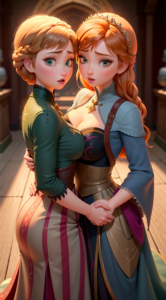 2 girls, Anna of Arendelle, Elsa of Arendelle, lesbians, big boobies, 