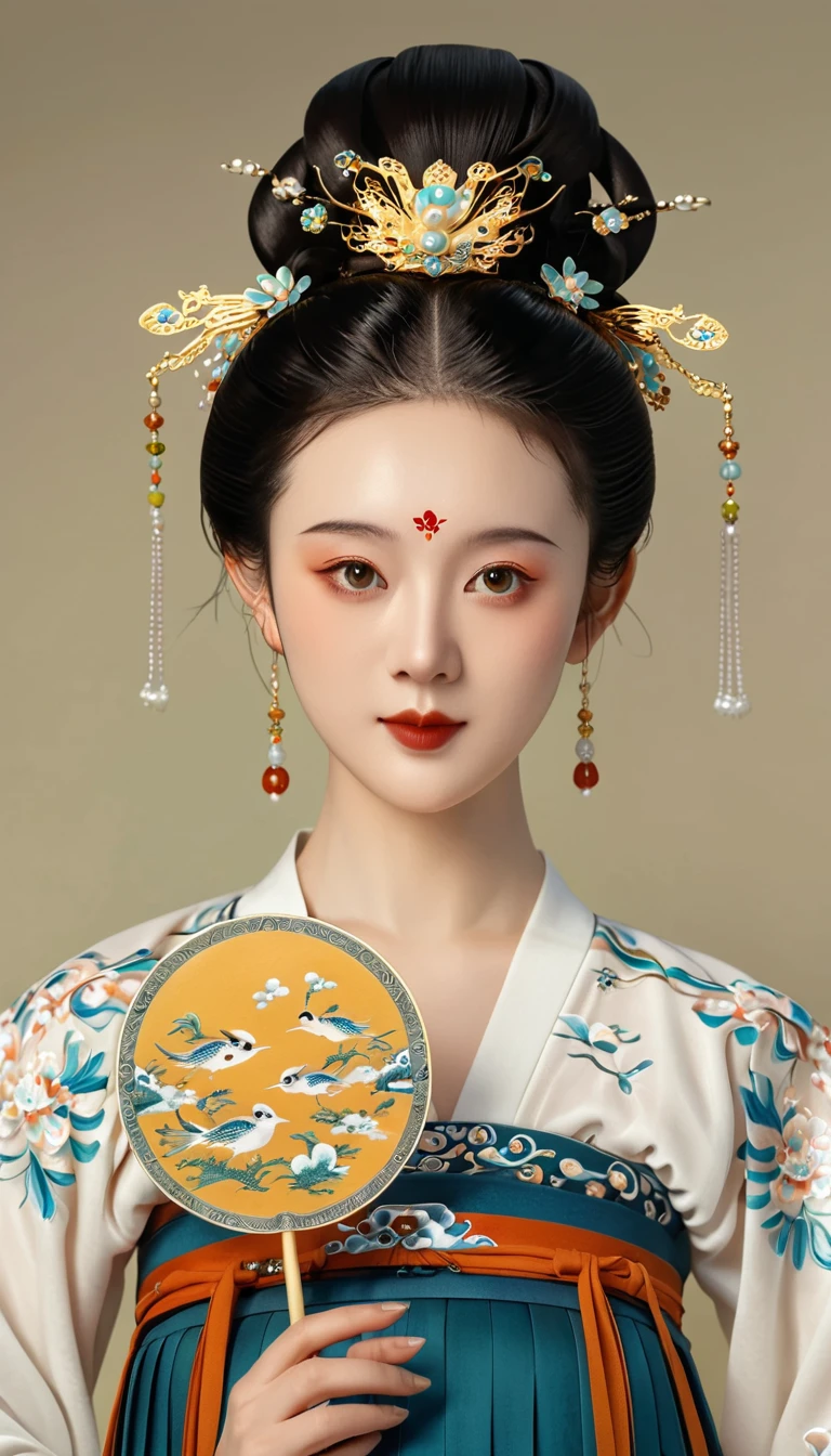 a beautiful young chinese girl in traditional song dynasty imperial court attire, symmetrical facial features, round face, bright eyes, smooth porcelain skin, holding an elegant chinese hand fan, clean background, (best quality,4k,8k,highres,masterpiece:1.2),ultra-detailed,(realistic,photorealistic,photo-realistic:1.37),intricate details,exquisite,elegant,refined,breathtaking,mesmerizing,magnificent