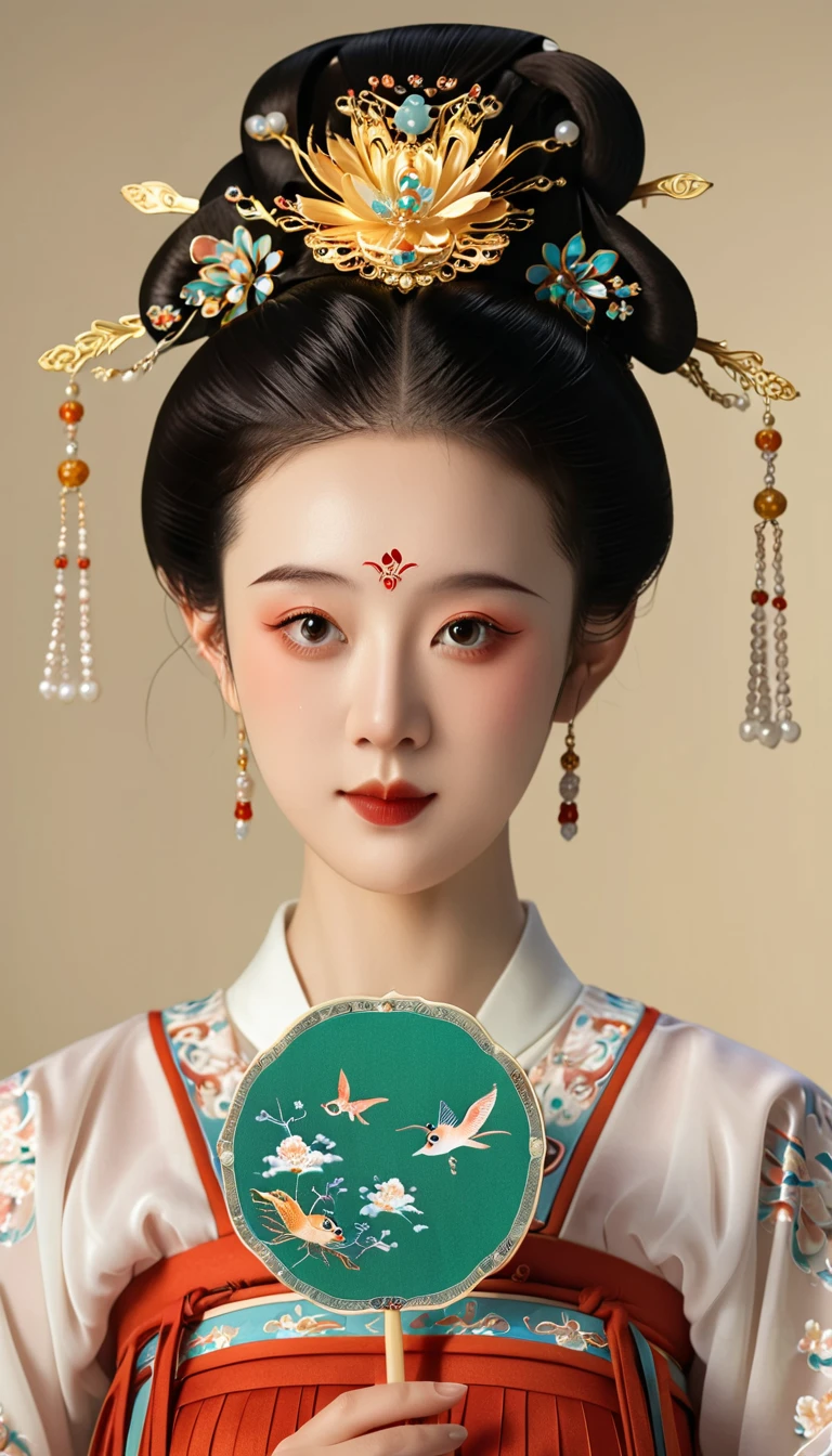 a beautiful young chinese girl in traditional song dynasty imperial court attire, symmetrical facial features, round face, bright eyes, smooth porcelain skin, holding an elegant chinese hand fan, clean background, (best quality,4k,8k,highres,masterpiece:1.2),ultra-detailed,(realistic,photorealistic,photo-realistic:1.37),intricate details,exquisite,elegant,refined,breathtaking,mesmerizing,magnificent