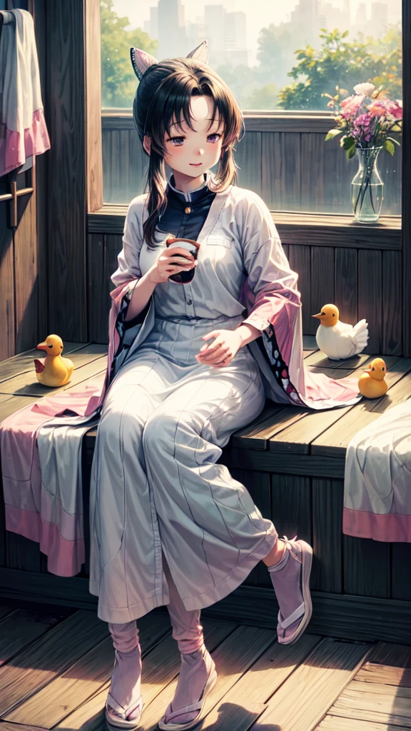 In a small cozy house, the young protagonist, Ayumi, is enjoying her afternoon after a long day of studies and activities. Ayumi is known for her cheerful and carefree personality, always finding ways to have fun in even the simplest tasks.The Environment: Ayumi's home is a reflection of her personality – decorated with soft colors and natural elements. Butterflies, flowers and other delicate motifs adorn her bedroom and bathroom, creating a harmonious and welcoming environment.The Relaxation Ritual: After a busy day, Ayumi decides to take a hot bath. The rubber duck, a gift from his childhood, is always a constant companion, bringing back nostalgic memories of simpler times. She takes the moment to let go of her worries and simply relax. The Moment Captured: Coming out of the shower, Ayumi wraps herself in her favorite robe, with butterfly patterns that she sewed herself. With her hair still wet, she fixes her loose bun while thinking about the peaceful moments ahead. The rubber duck, balanced on her head, is a touch of humor that she loves – a little joke with herself about her ability to balance things.Reflections: While looking in the mirror, Ayumi smiles. These moments of tranquility are precious to her, a reminder that happiness can be found in the simplest things. With a contented sigh, she decides it's time to make some tea and curl up with a good book, leaving the rubber duck by her side as her little joy keeper.Final ThoughtsThis image captures an intimate, relaxed moment in the character's life. The combination of visual elements, such as the butterfly robe and the rubber duck, along with the character's serene expression, creates a narrative that celebrates the simplicity and joy of small moments. By exploring this scene, we can imagine a story of tranquility, self-knowledge and the pleasure of everyday things.