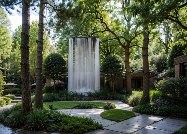 (paysage de printemps:1.4),murs gris et rouges, 1 manoire de luxe en forêt,plante en réel, au bord d'une cascade(sculpter des fleurs:1.1),architecture,tissage de bambou,