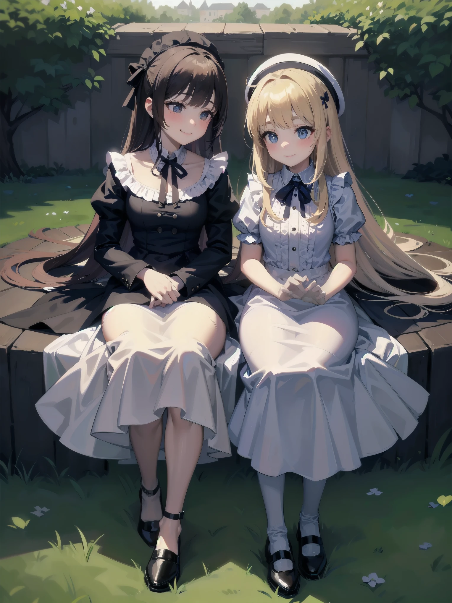 A serene outdoor scene unfolds at dusk, with a brilliant blue sky transitioning into a canvas of twinkling stars. A beautiful young girl, dressed in a stunning white and black gothic maid dress adorned with a navy blue ribbon, stands amidst lush green grass. Her companion, a delightful toddler, dons a charming maid hat with ruby accessories, complemented by black stockings and shoes. The little one beams with joy, smiling brightly as they gaze up at the celestial display together