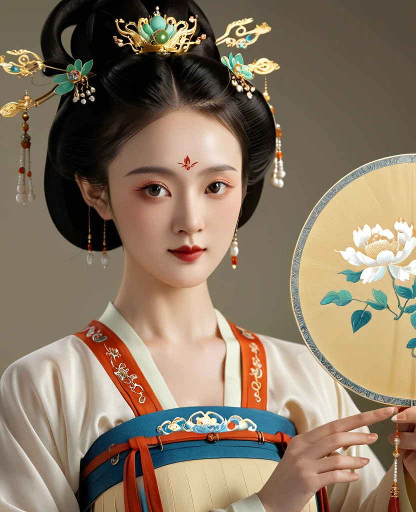 a beautiful young chinese girl in traditional song dynasty imperial court attire, symmetrical facial features, round face, bright eyes, smooth porcelain skin, holding an elegant chinese hand fan, clean background, (best quality,4k,8k,highres,masterpiece:1.2),ultra-detailed,(realistic,photorealistic,photo-realistic:1.37),intricate details,exquisite,elegant,refined,breathtaking,mesmerizing,magnificent