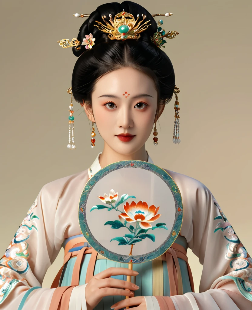 a beautiful young chinese girl in traditional song dynasty imperial court attire, symmetrical facial features, round face, bright eyes, smooth porcelain skin, holding an elegant chinese hand fan, clean background, (best quality,4k,8k,highres,masterpiece:1.2),ultra-detailed,(realistic,photorealistic,photo-realistic:1.37),intricate details,exquisite,elegant,refined,breathtaking,mesmerizing,magnificent