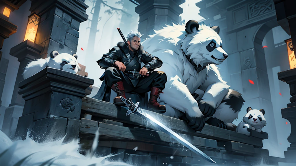 create an adult panda samurai sitting on the iron throne holding a sword from game of thrones