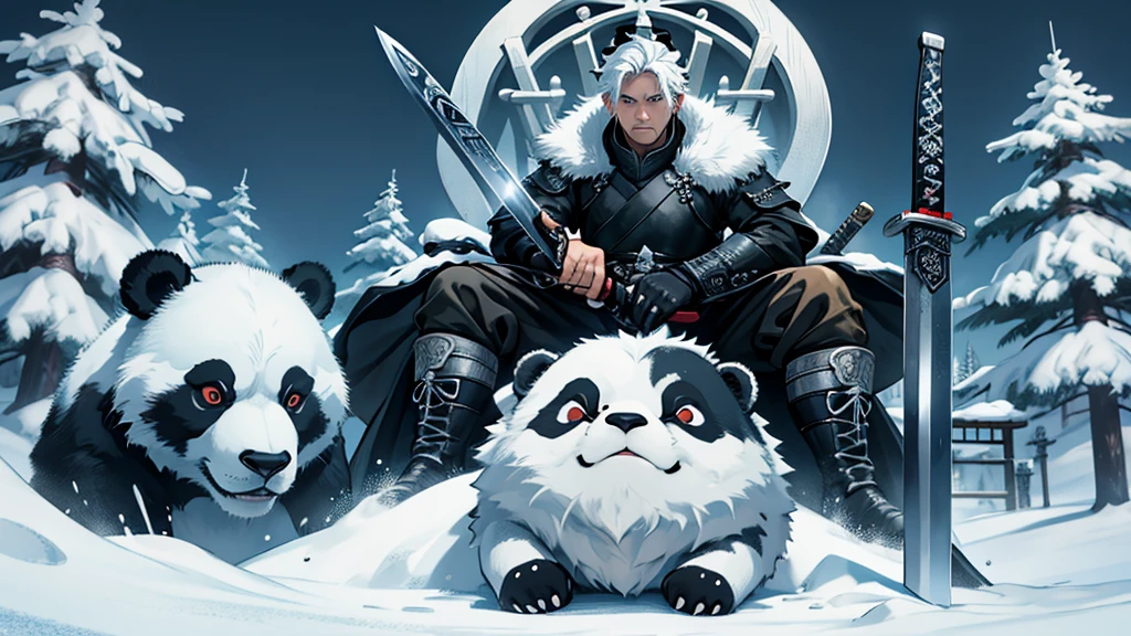 create an adult panda samurai sitting on the iron throne holding a sword from game of thrones