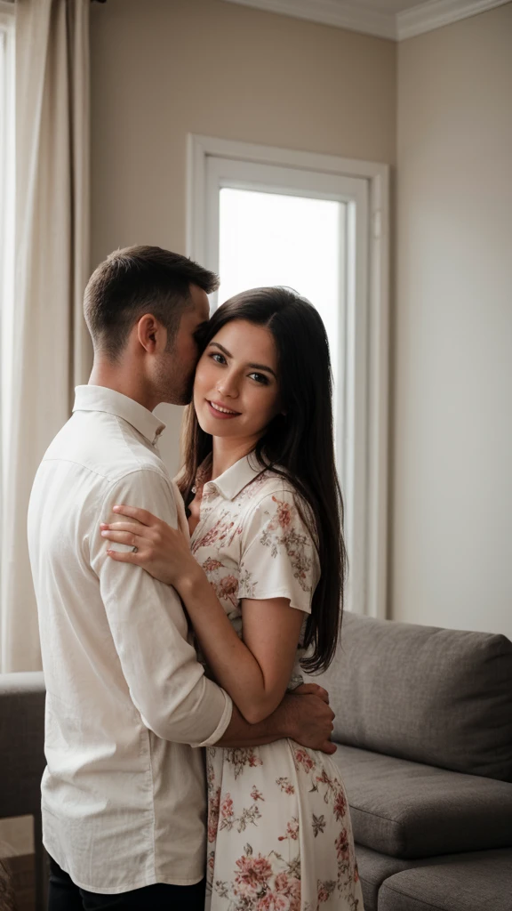 photorealistic couple portrait, husband short hair, husband wearing white collared shirt and black pants, wife long hair, wife wearing floral summer dress, standing straight, romantic pose, husband and wife facing straight to viewer, living room background, detailed facial features, intricate clothing textures, warm natural lighting, shallow depth of field, cinematic composition, vibrant colors, high-quality digital painting