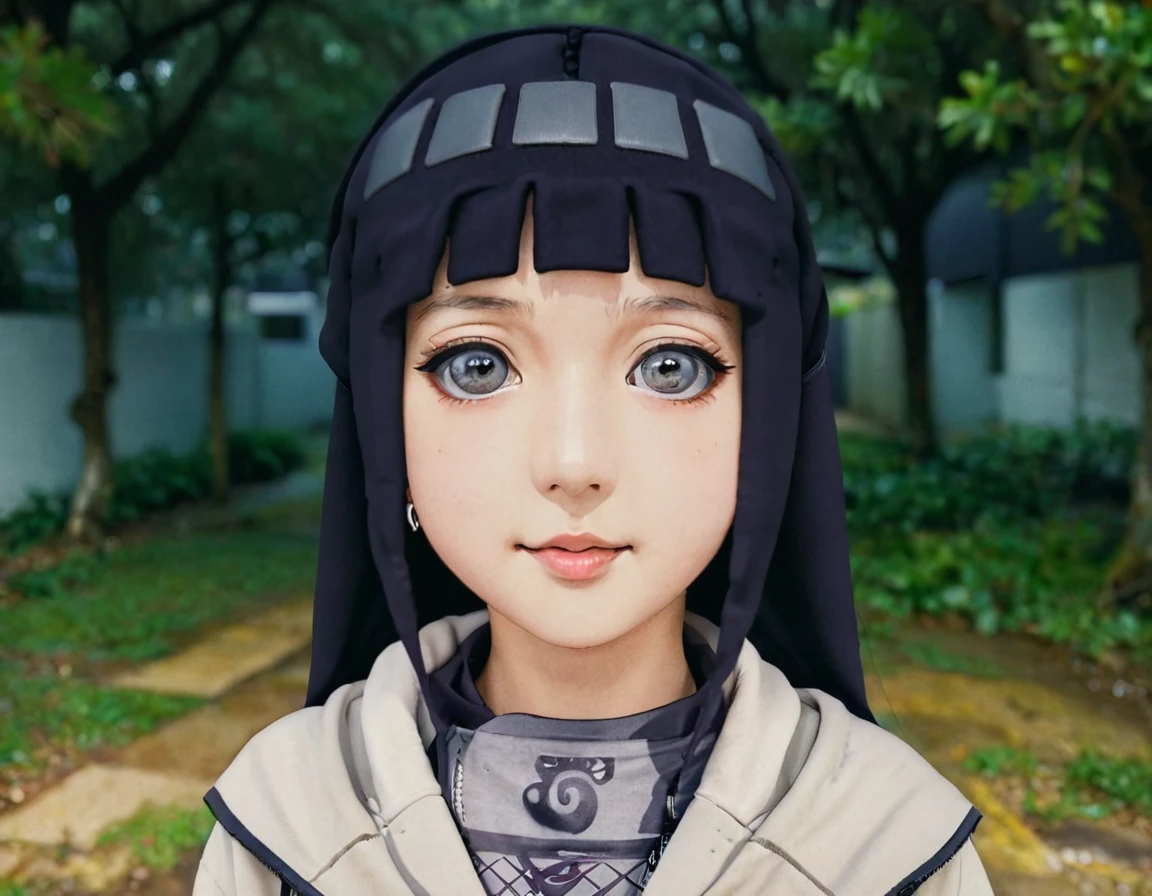 Portrait of a girl, Hinata Hyuuga, wearing a hoodie, steel headband on her neck, white eyes, (highly detailed face:1.4) (smile:0.7) (background inside dark, moody, private study:1.3) POV, by lee jeffries, nikon d850, film stock photograph ,4 kodak portra 400 ,camera f1.6 lens ,rich colors ,hyper realistic ,lifelike texture, dramatic lighting , cinestill 800