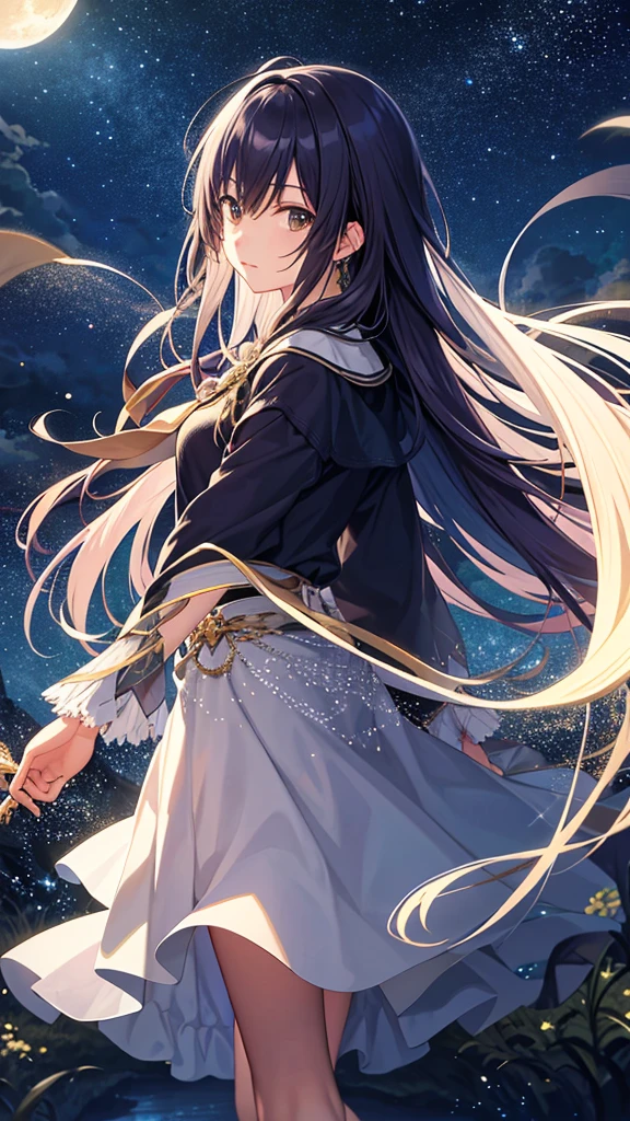 Wearing a river painting, Stars in the sky, And the Moon、Condensed beauty, Concept art inspired by Tosa Mitsuoki, pixiv contest winners, Highest quality, Fantasy art, Beautiful anime scene, Bright round moon, Starry Sky environment in the moonlight, Dream Painting, Anime Background art, dream scenery art, Great night, Anime Background, Background artwork, Great art, Atmospheric anime, Starry Sky, Enhanced Details.  