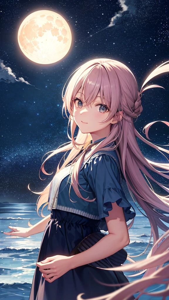 Wearing a river painting, Stars in the sky, And the Moon、Condensed beauty, Concept art inspired by Tosa Mitsuoki, pixiv contest winners, Highest quality, Fantasy art, Beautiful anime scene, Bright round moon, Starry Sky environment in the moonlight, Dream Painting, Anime Background art, dream scenery art, Great night, Anime Background, Background artwork, Great art, Atmospheric anime, Starry Sky, Enhanced Details.