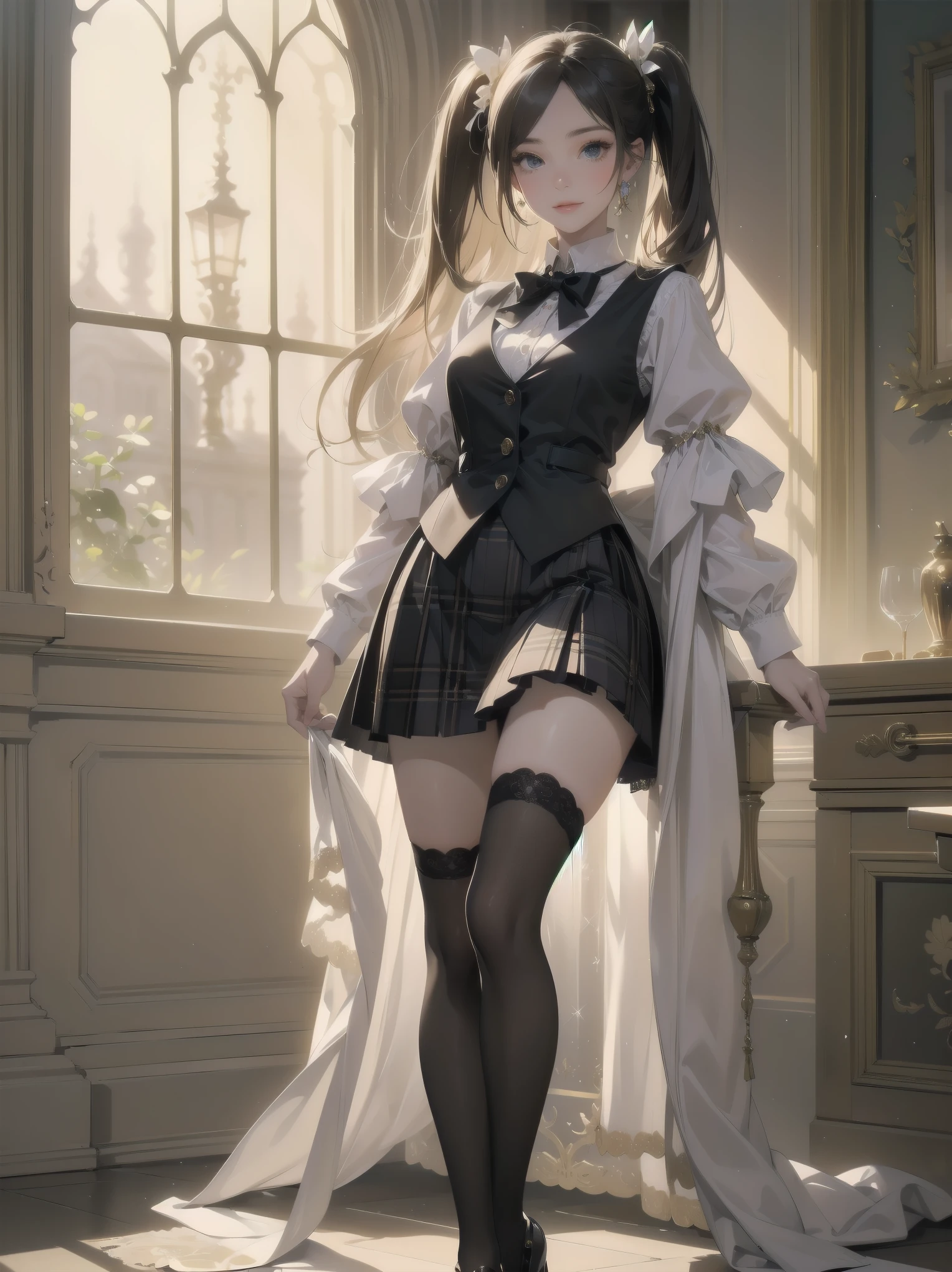 A lavish, photorealistic illustration of Soro, a charming 19th-century maiden, exudes elegance in a masterfully crafted scene. Framed by a ornate, gilded archway, she stands poised, her twintails adorned with sparkling bows, her cardigan vest and short-sleeved shirt perfectly complementing her plaid skirt. Over black legwear, her loafers add a touch of whimsy. A radiant smile spreads across her face, her eyes sparkling like diamonds in the soft, golden light. Every detail, from the intricate lace trim to the delicate folds of her garments, is meticulously rendered by a master illustrator's hand