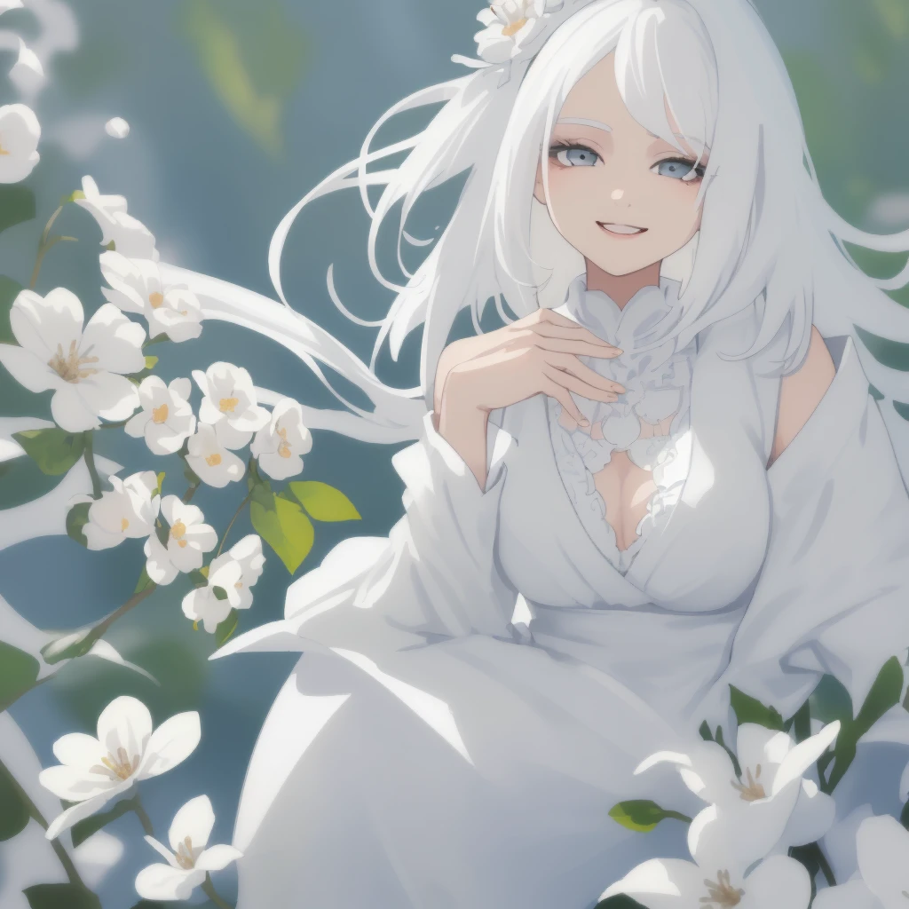 work of art, best qualityer, 1 girl, White hair, smiling, gazing at viewer, grown-up, Fully mature, holding flower