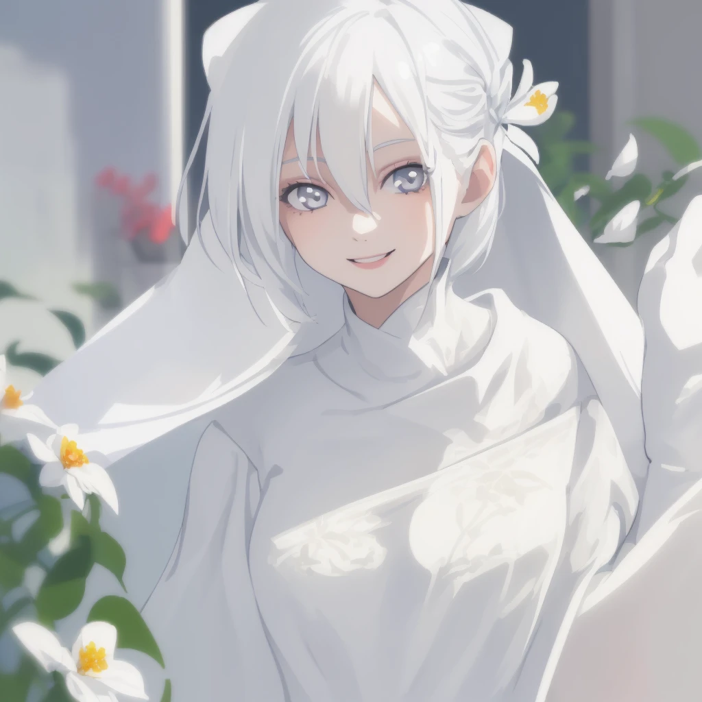 work of art, best qualityer, 1 girl, White hair, smiling, gazing at viewer, grown-up, Fully mature, holding flower