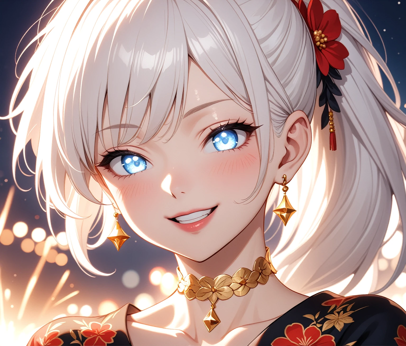 ((One personの女性)), Beautiful Face, (Laughing embarrassedly), (laugh:1.2),((Wink:1.9)), (head tilt:1.3), Laugh with your mouth wide open, upper teeth, looking down at viewer, ((Bright red cheeks:1.4)),Glossy Red Lips,rooftop, firework, Glossy red lips, Shining Face, ((Anime style background)),masterpiece, Highest quality, so beautiful,up to date, Complex details, (Pink long nails),(ring),(bracelet),(Floral choker),AI-generated, Complex,High resolution, Highest quality, super high quality,3D Images、3D Images,One person,Long white hair,High Ponytail, Anime woman posing for a photo,(blue eyes), ((Fine grain、Silvery white, lightly pigmented eyes、Shining Eyes:1.4)), (Squint your eyes:1.1),a hyperRealistic , hyperRealistic , Realistic,Anime woman with long white hair, Smooth anime CG art, A woman in a colorful kimono with gold embroidery, (Black long sleeve kimono),Red floral pattern,Long flower hair ornament,Earrings,Mature Body,(Big Breasts:1.1),Tall,Abdominal muscles,Tight waist,(Zoom up to face:1.3), (front view),