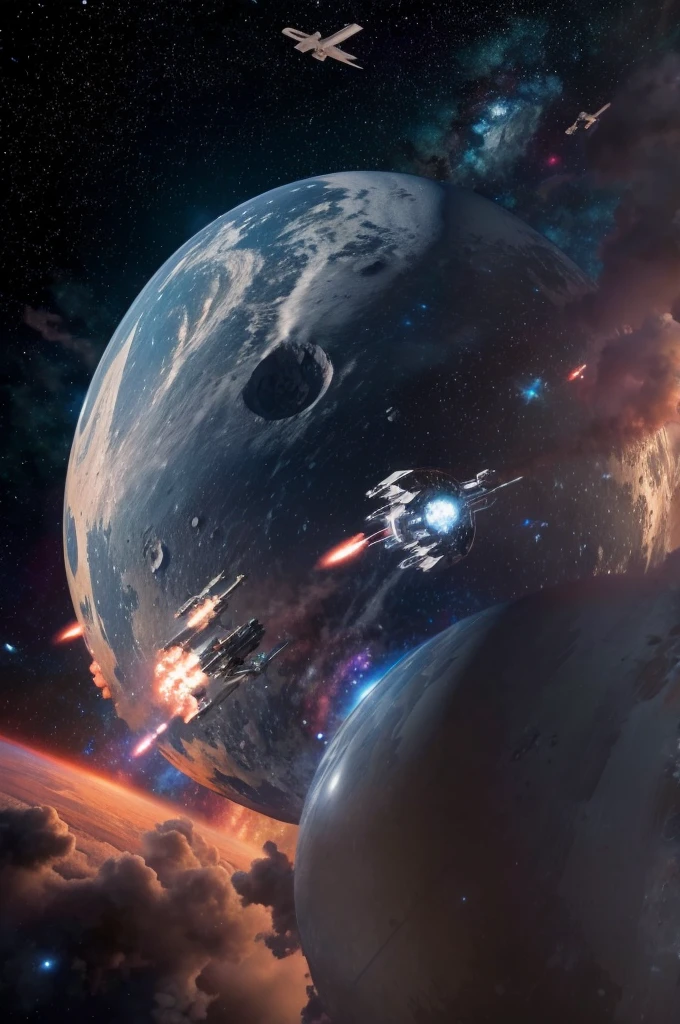 a space battle raging around a warship starship shaped like a giant sphere with giant engines and weapons with a nebula in the background, masterpiece, best, photo realistic warship moon