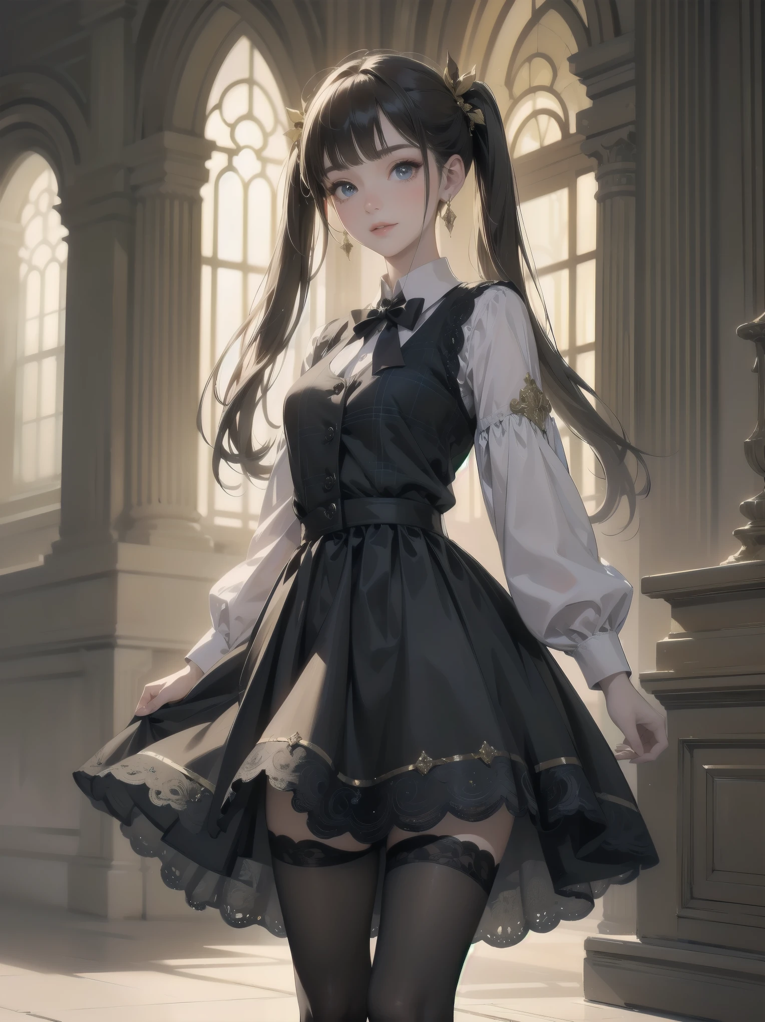A lavish, photorealistic illustration of Soro, a charming 19th-century maiden, exudes elegance in a masterfully crafted scene. Framed by a ornate, gilded archway, she stands poised, her twintails adorned with sparkling bows, her cardigan vest and short-sleeved shirt perfectly complementing her plaid skirt. Over black legwear, her loafers add a touch of whimsy. A radiant smile spreads across her face, her eyes sparkling like diamonds in the soft, golden light. Every detail, from the intricate lace trim to the delicate folds of her garments, is meticulously rendered by a master illustrator's hand