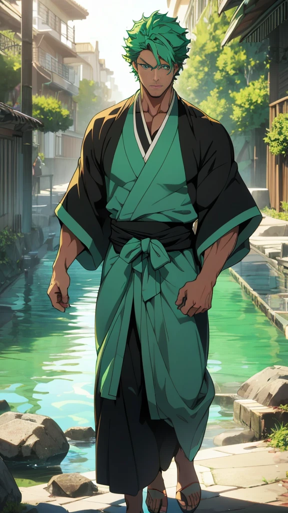 1 man, muscular male, handsome, male, nice cyan hair, green eyes, bleach style, man with (black kimono: 1.0), male focus, masterpiece, 16k, uhd, high definition, full body, image of full body, all body, beautiful eyes, (((perfect eyes))), (((detailed eyes))), uhd