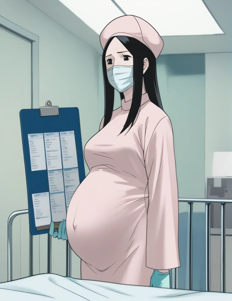 score_9,  score_8_up, score_7_up, source_anime, kasuganoray, pale skin, shy eyes, long hair, scrubs, surgical mask, surgical cap, long sleeve maternity gown,
1girl, pregnant, solo, rubber gloves, clipboard, looking down, furrowed brow, privacy screen, hospital bed, standing