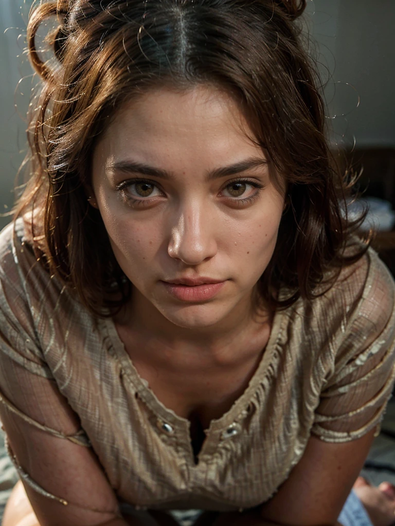 a beautiful woman wearing a shirt and shorts, sensual, kneeling, detailed beautiful eyes, detailed beautiful lips, extremely detailed face, long eyelashes, delicate skin, perfect body, intricate clothing folds, soft lighting, warm color tones, natural setting, photorealistic, 8k, high quality, detailed