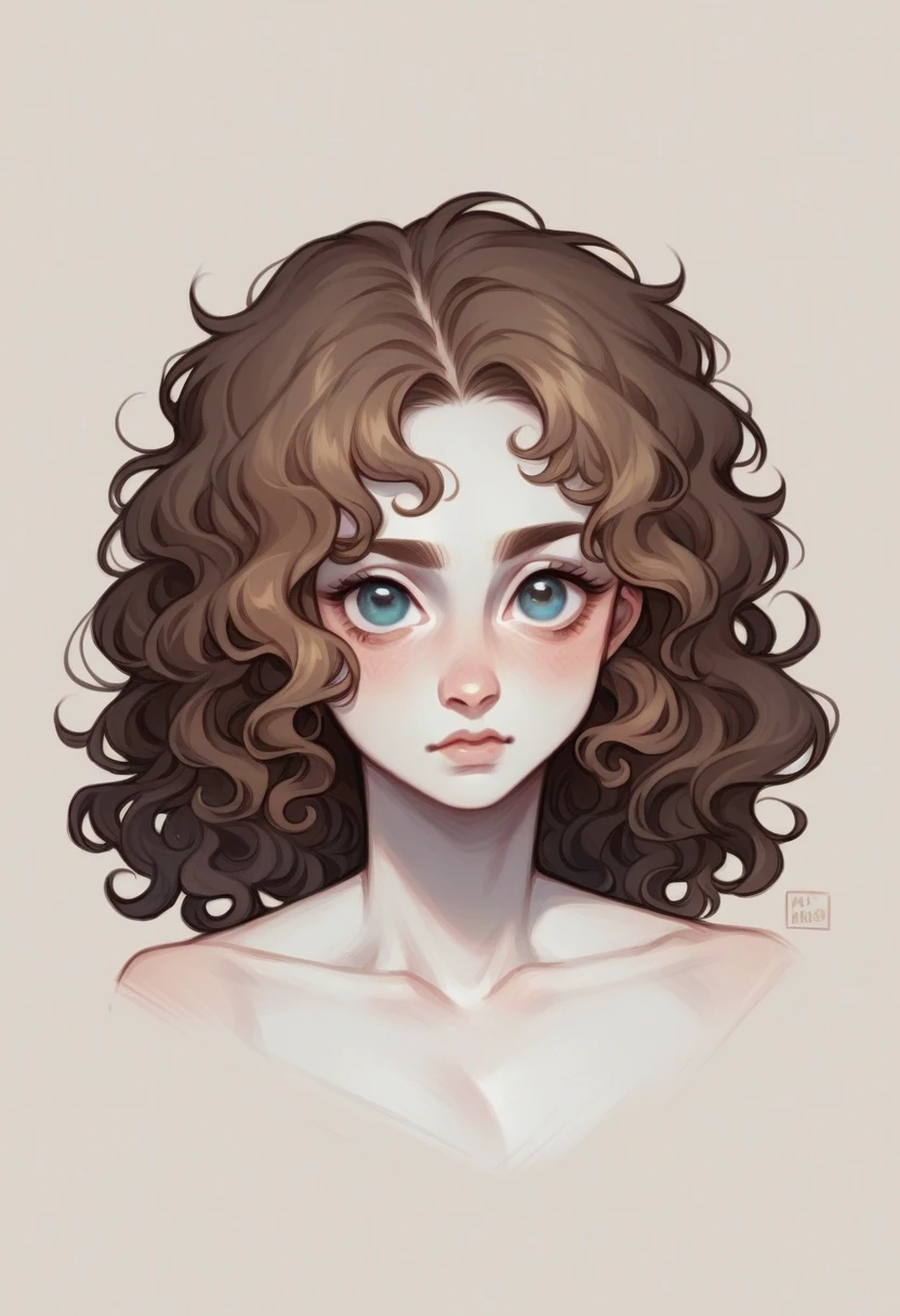 A female character with white skin color, almond eyes and brown curly hair