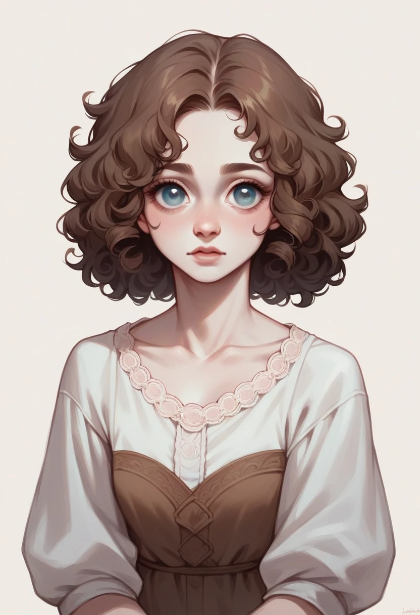 A female character with white skin color, almond eyes and brown curly hair